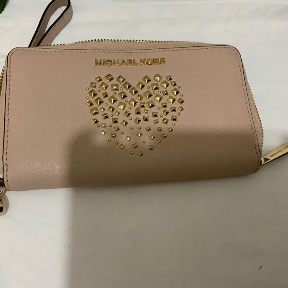 Michael Kors  Pink Studded heart  Design Zip Around Leather Wallet